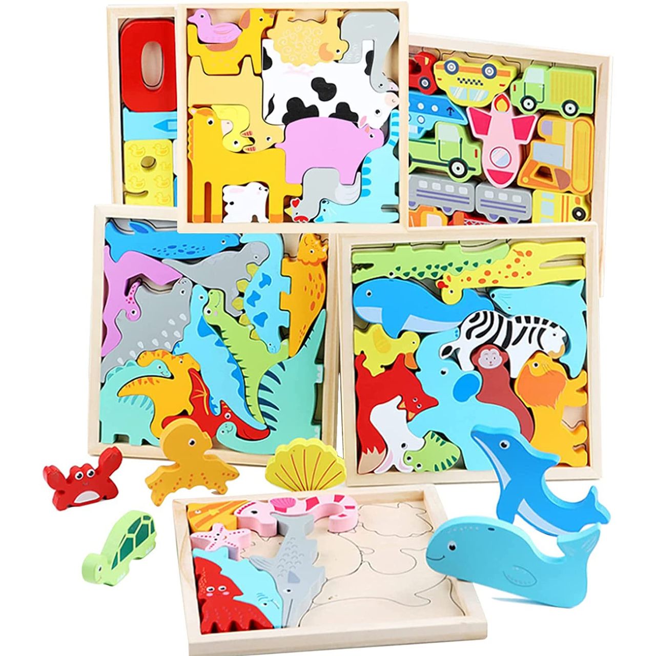 OTONOPI 木製パズル 型はめパズル 形合わせ 木製おもちゃ 6種類 知育玩具 子供用 脳トレ モンテッソーリ教育法 バランスゲーム 動物 恐竜 乗り物 数字 クリスマス プレゼント 6板セット 6歳以上