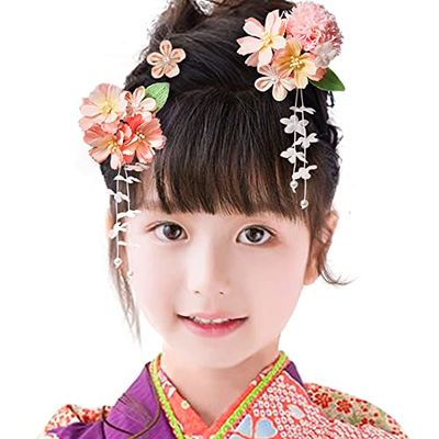 [OTAKUMARKET] 髪飾り 浴衣 七五三 成人式 髪 飾り 女の子 花 袴 着物 振袖 和装 卒業式 結婚式 髪留め 子供かんざし 和風 高級造花 ヘアアクセサリー 3タイプ 3カラー (Cタイプ3点組み ピンク)