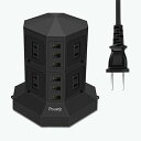 POWERJC タワー式 電源タップ 縦型コンセント AC差込口 USBポート約3M USB急速充電器 スイッチ付 掛ける可能 職場用 2層 ブラック PSE認証済み