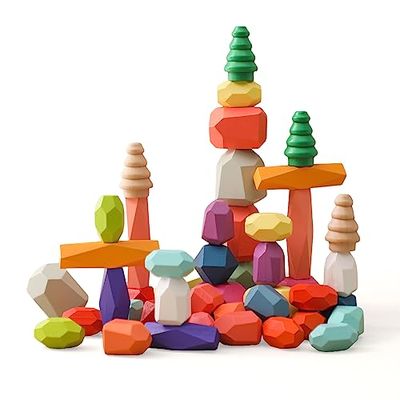 Promise Babe 積み木 ブロック 48個 大きさ違う キャンデー系 カラフル 木製 知育玩具 色認識 指先トレーニング 早期開発 赤ちゃん 子供 大人も使える 誕生日プレゼント