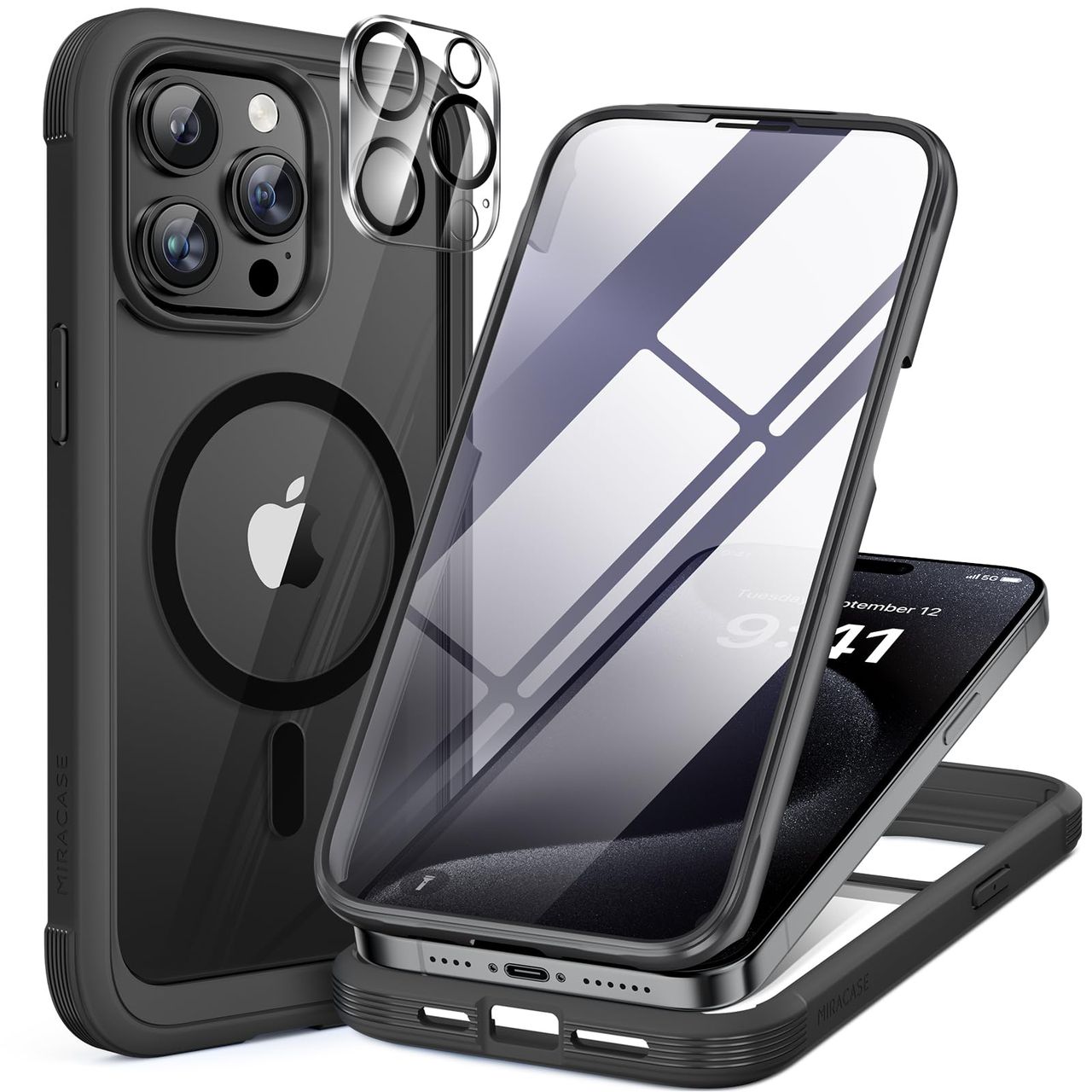 Miracase iPhone15pro 用 ケース MagSafe対応 9H 強化ガラス 360°保護 スマホケース iPhone15pro 用 カバー 全身バンパー保護ケース 6.1インチ フルカバー ワイヤレス充電対応 マグセーフ対応 マグネット搭載 黒