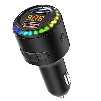 2023年(革新版) eppfun FMトランスミッター Bluetooth 5.0 車 QC3.0 急速充電 12-24V 対応 2×USB A口 ハンズフリー通話 USB メモリ 音楽再生対応 多機能LED カラー （周波数87.5-108.0MHZ）