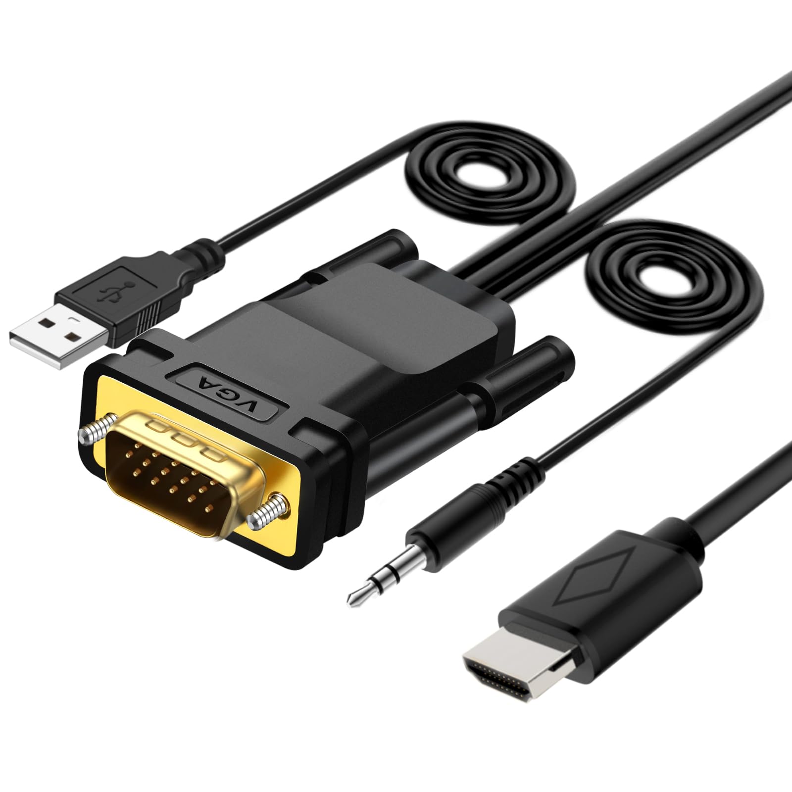 VGA to HDMI 変換ケーブル 1.8M VCOM VGA to HDMI 出力 変換アダプタ ビデオ 1080P@60Hz 音声転送 TV PC プロジェクター ディスプレイ 給電用USBケーブル 3.5mmオーディオケーブル 付属