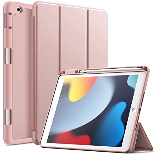 JEDirect iPad 10.2インチ ケース (2021/2020/2019モデル、第9/8/7世代用) Pencilホルダー付き ソフトTPUバック スリム保護カバー オートウェイクアップ/スリープ機能付き (ローズゴールド)