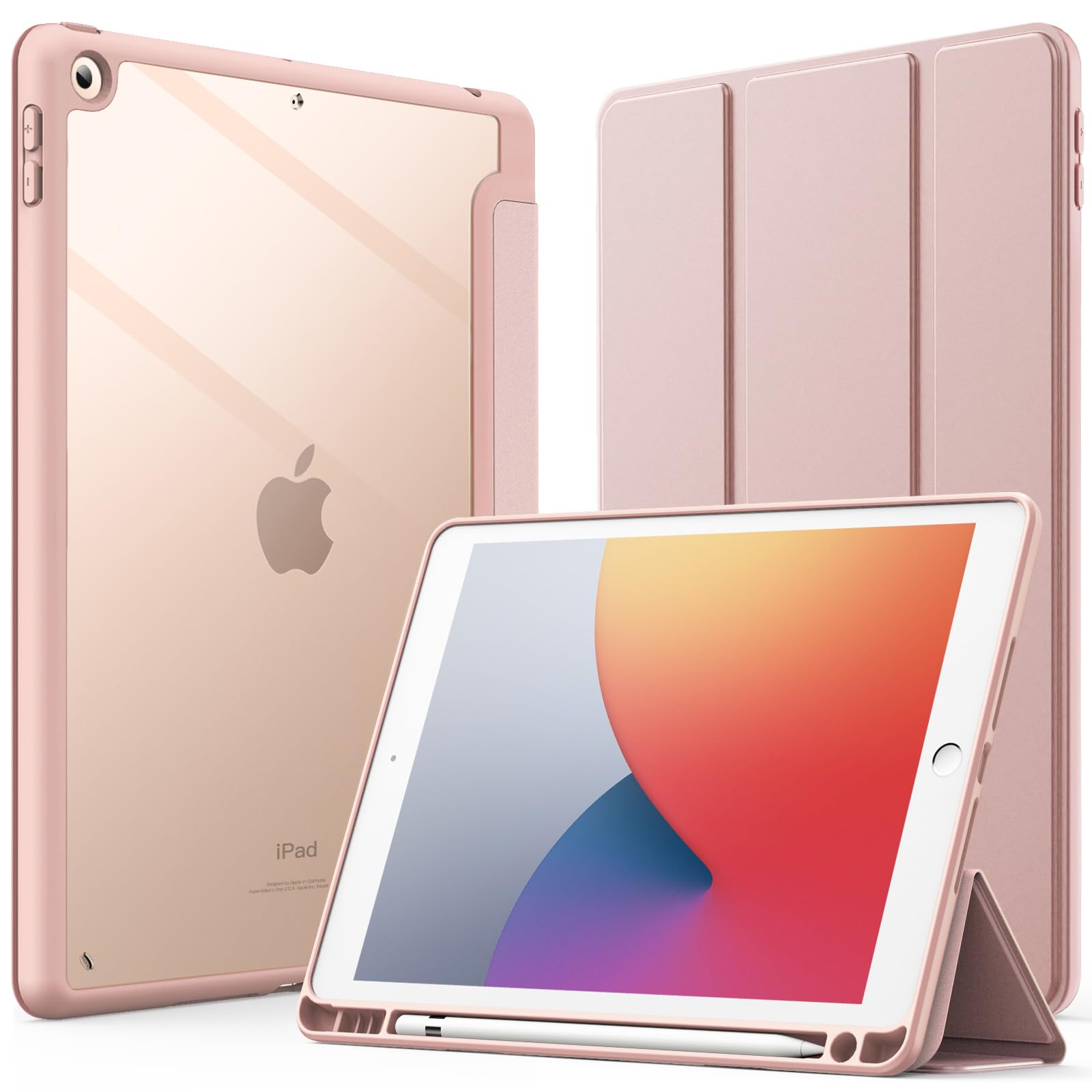 JEDirect iPad 10.2インチ ケース（第9/8/7世代、2021/2020/2019モデル用） Pencil収納可能 透明バックカバー 薄型 スタンド 衝撃吸収 タブレットカバー オートウェイク/スリープ機能 (ローズゴールド)