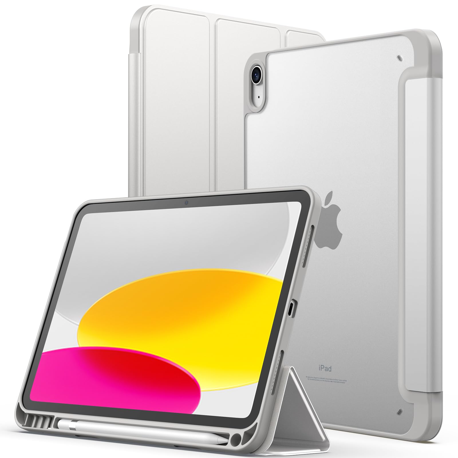 JEDirect iPad 10 マットケース（10.9インチ、 2022モデル、 第10世代用）Pencilホルダー つや消しの半透明の背面 薄型 スタンド 保護 タブレットカバー (シルバー)