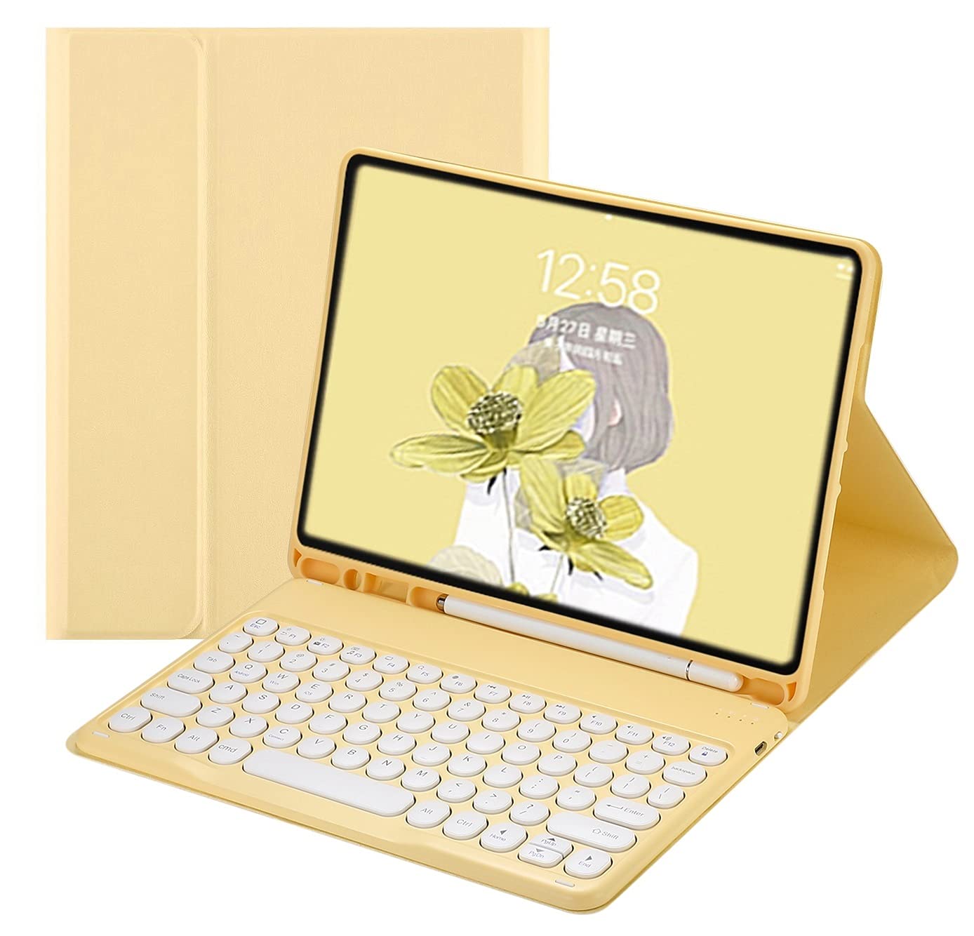 iPad 第10世代 2022年型 10.9 インチ キーボード ケース 丸型キー 可愛い カラーキーボード カラフル iPad 10 アイパッド 第 10 世代 丸い 分離式 キーボード付き カバー アップル ペンシル 収納可能 (黄色)