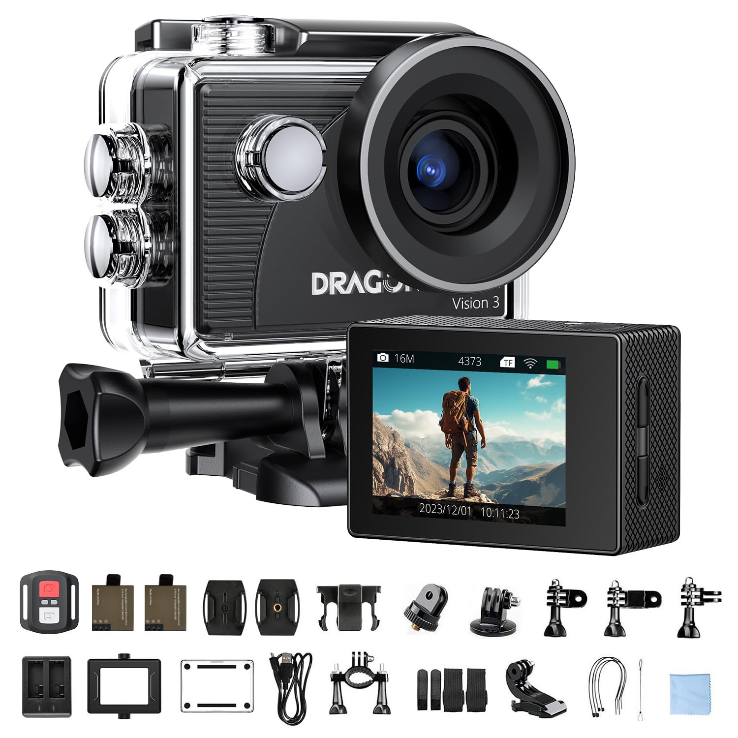 Dragon Touch アクションカメラ 4K30FPS 2000万画素 30m水中カメラ 170度広角レンズ タイムプラス動画 ウェアラブルカメラ 1050mAhバッテリー2個 手ぶれ補正 HDMI出力 4xズーム リモコン付き アクションカム Vision3