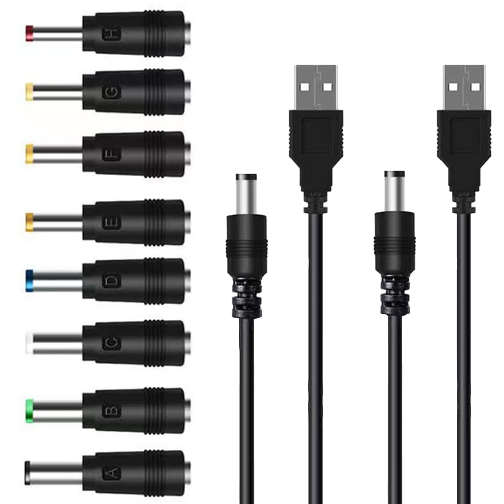 TJK USBケーブル セット 8 in (1*2) DC電源ケーブル USB-丸口 変換プラグ付き DC充電コード 5.5x2.5/5.5x2.1mm 扇風機 ナイトライト 目覚まし時計 などに適用 3.5*1.35mm 4.0*1.7mm 4.8*1.7mm　5.5*1.7mm 5.5*2.1mm 5.5*2.5mm 6.3*3.0mm 6.4*4.4mm コネクタアダプタ (ケ