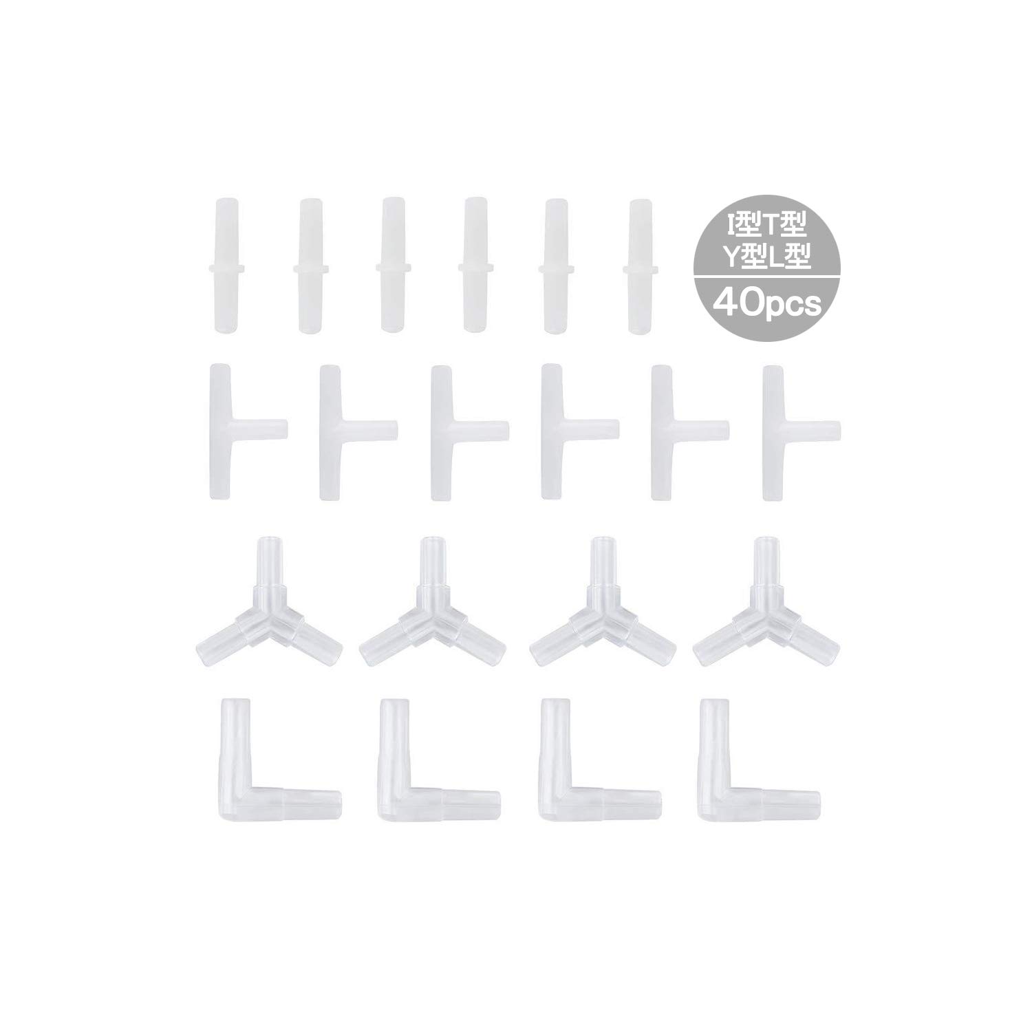 RA:YFFSFDC エアーチューブコネクター 40個入り Y型/T型/L型/I型 水槽用 三又＆二又分岐 チューブコネクタ 継手 アクアリウム 水族館 プラスチック製 透明色 4種類