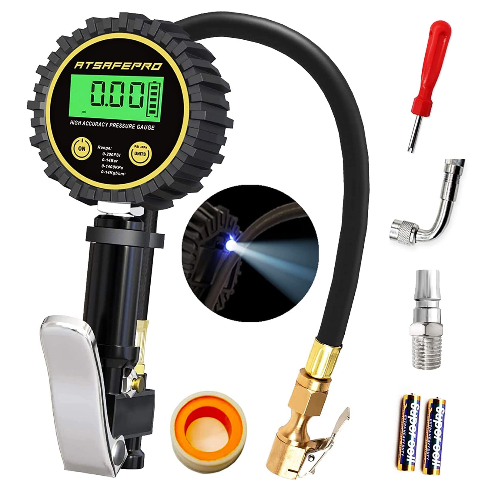 ATsafeproエアゲージ 車とインフレータ日本、デジタルタイヤゲージ 1400Kpa 200PSI、空気圧計 背中の明るいLEDライト付き、エアチャックガン、コンプレッサーアクセサリー