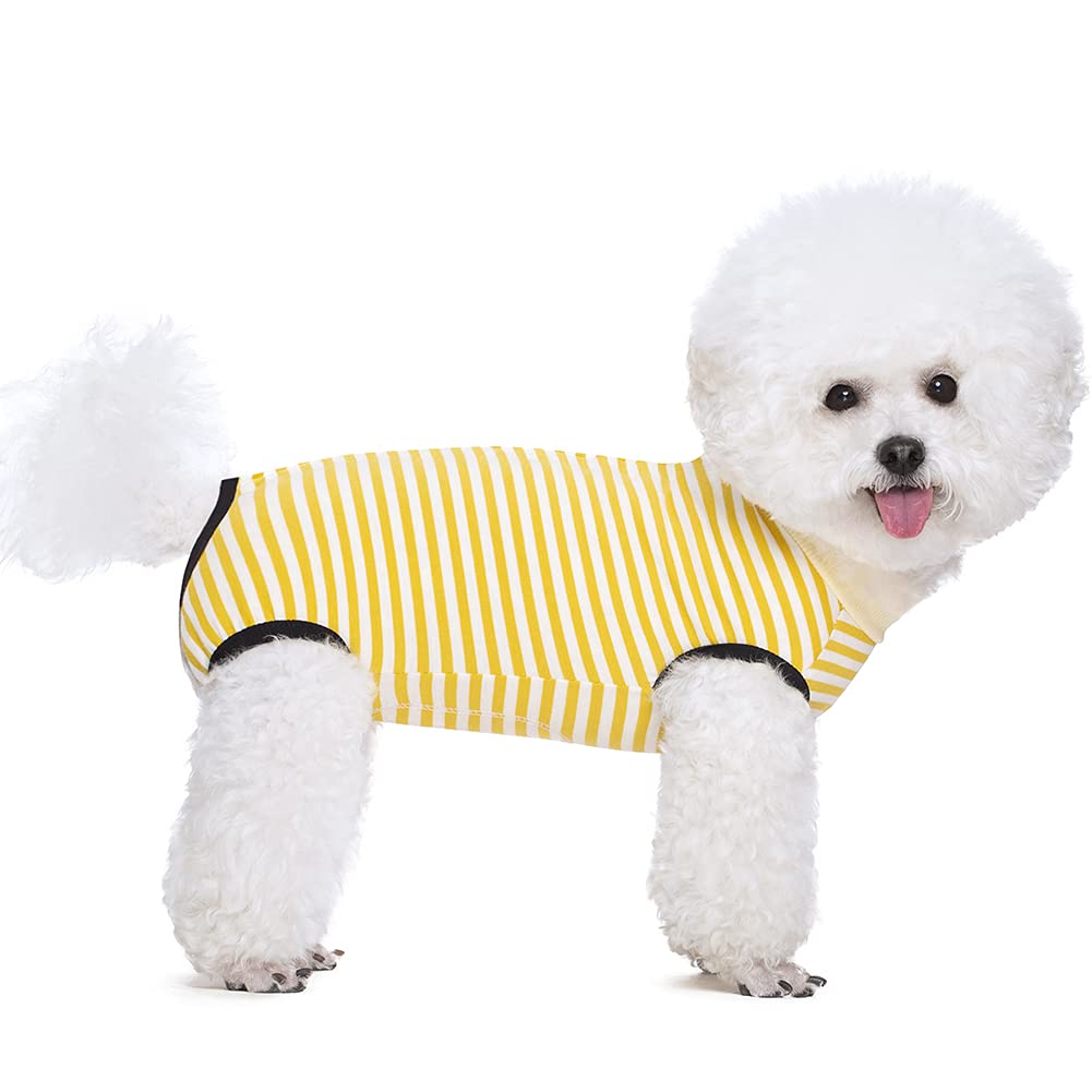 KUVEELA PET 犬用術後服 中小型犬服 術後服 術後ウェア 術後カバー服 保護服 エリザベスカラーに代わる オス メス兼用 避妊 離乳 傷口保護（イエローストライプ、XS）