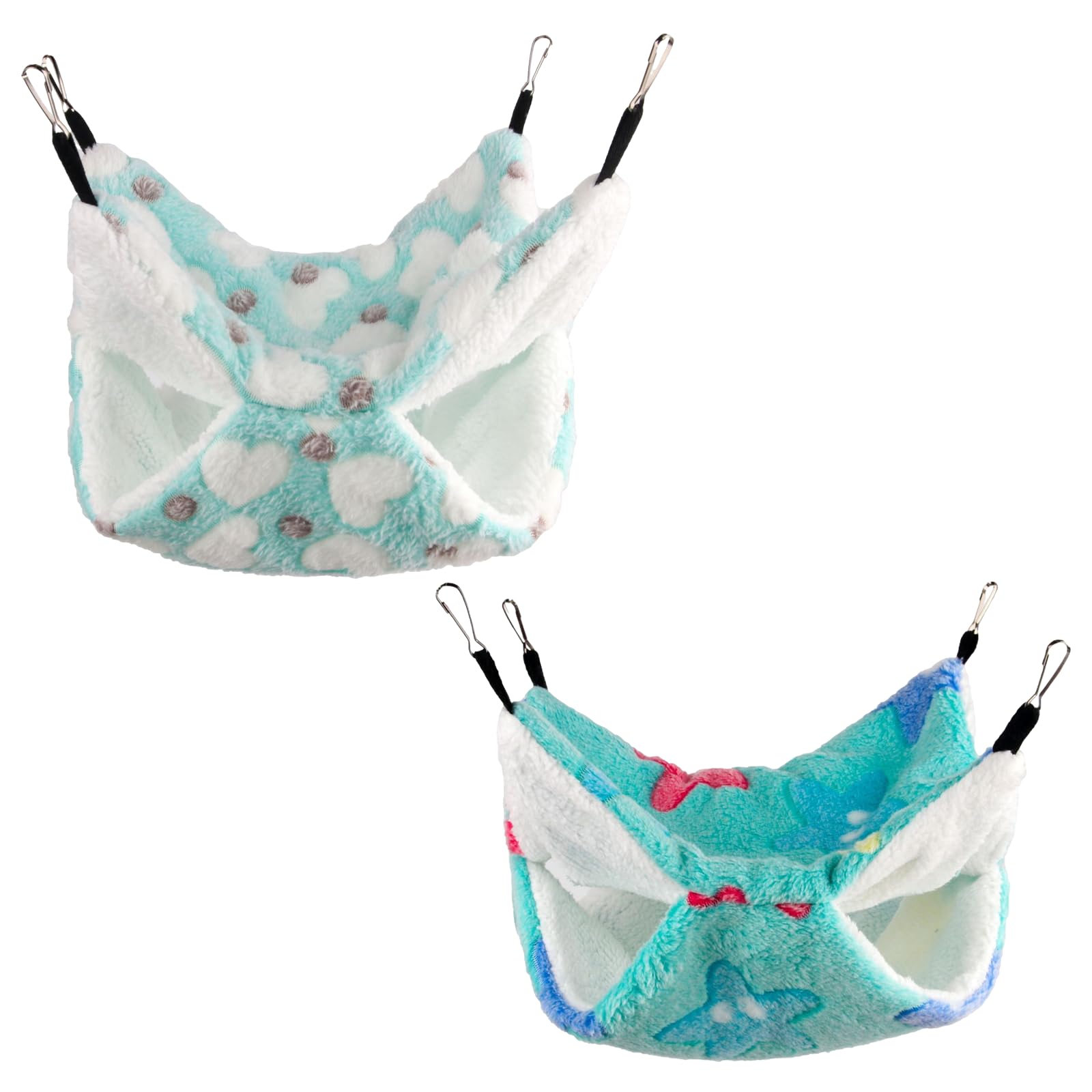 2枚入 ハムスターハンモック 小動物用ハンモック 二重層 ケージ内装寝袋 20*20cm 暖かい ハンギングハンモック フック付き 洗える チンチラ ハンモック 冬用 寒さ対策 (緑のハート + 緑のヒトデ)