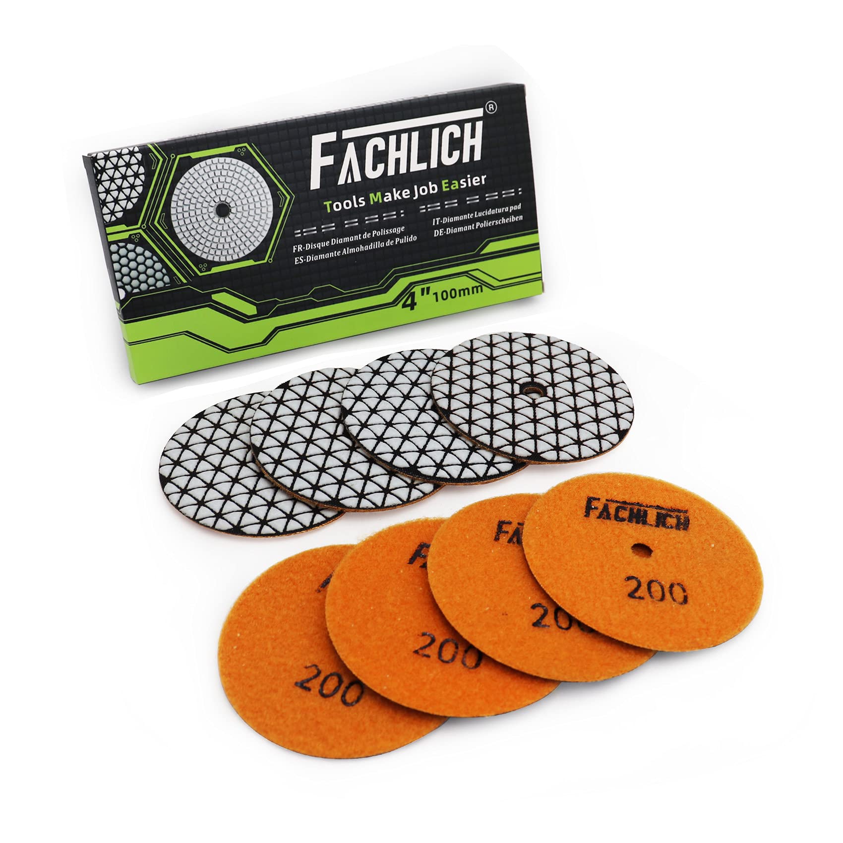 FACHLICH 乾燥 ダイヤモンド ポリッシング パッド 径 4インチ 100mm 8ピース グリット:200 花崗岩用 マーブル ストーン セラミック
