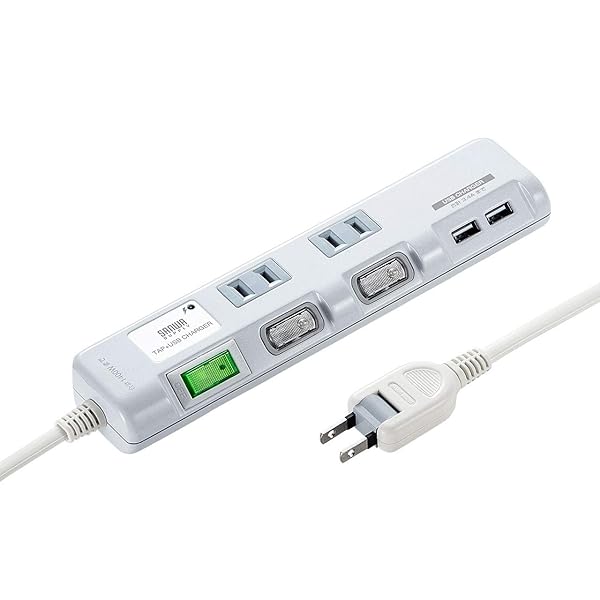 USB充電ポート付き節電タップ(面ファスナー付き) 2P・2個口 2m TAP-B106U-2W