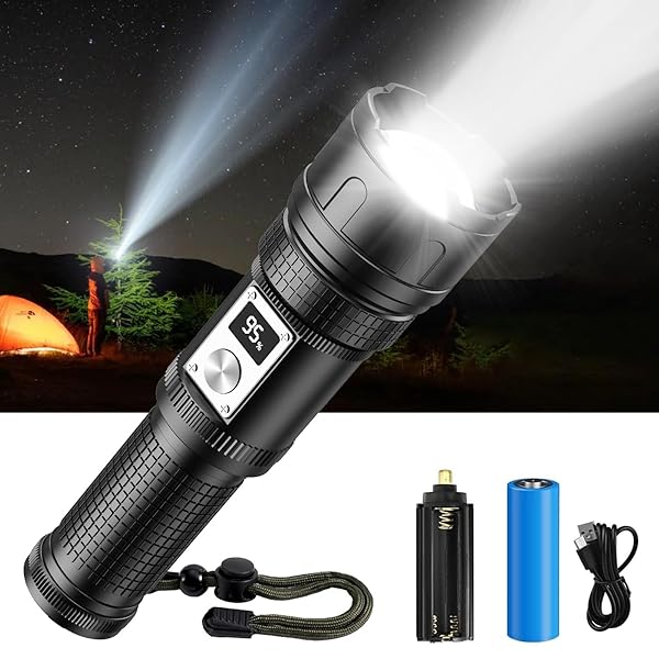 【高輝度懐中電灯 液晶画面デジタル残量表示】 懐中電灯 LEDライト ハンディライト フラッシュライト 充電式 ズーム式 ライト 強力 超長遠射 軍用 小型 軽量 5モード点灯 電池式 IPX6防水 停電 作業 防災 夜釣り キャンプ 登山 地震 避