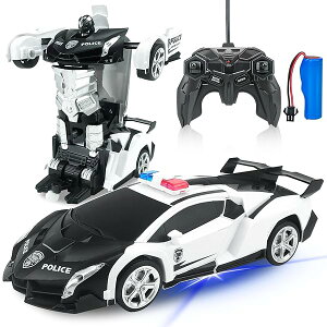 ラジコンカー 変形 ロボット 車 おもちゃ パトカー おもちゃ スタントカー ロボットに変身でき LED搭載 360度回転 リモコン RCカー モデルカー こども向け 子供おもちゃ 誕生日 クリスマス プレゼント (黒白)