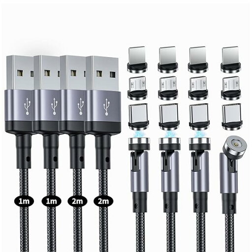 マグネット 充電ケーブル 3-in-1 USBマグネット式ケーブル 【4本(1M+1M+2M+2M)】360度+180度回転 磁石 磁気 防塵 着脱式 ライトニグ マイクロUSB Type-C コネクタ 快速充電器 android 等対応 - DZ マグネット 充電ケーブル 3-in-1 USBマグネット式ケーブル 【4本(1M+1M+2M+2M)】360度+180度回転 磁石 磁気 防塵 着脱式 ライトニグ マイクロUSB Type-C コネクタ 快速充電器 android 等対応 - DZ