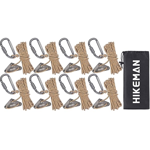 テントロープ パラコード カラビナ付き 調節可能 タープロープ ガイライン 張り綱 反射材入り 太さ 4mm 長さ4M 自在金具 8個セット キャンプ用品 収納袋 耐荷重350kg 収納袋付き (カーキ8個)