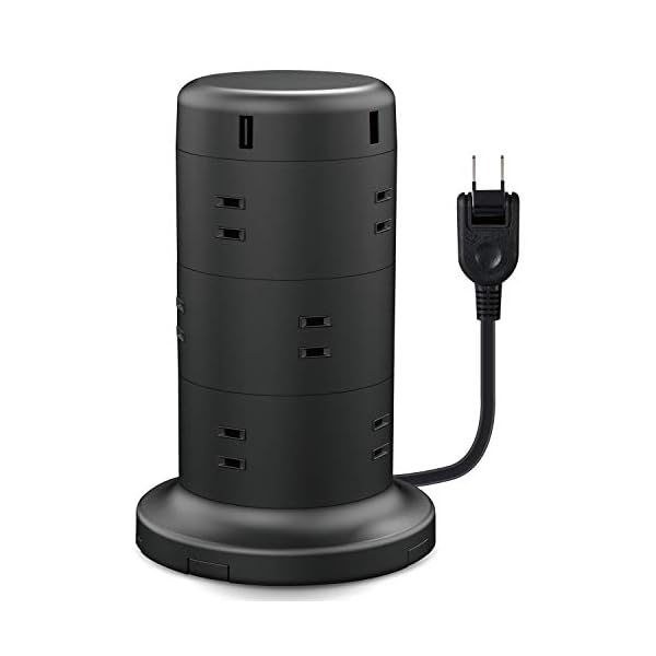 電源タップ タワー型 延長コード [ 12個口 & USB×5ポート ] 固定パーツ付 雷ガード ほこりシャッター 2m ブラック ECT-0720BK
