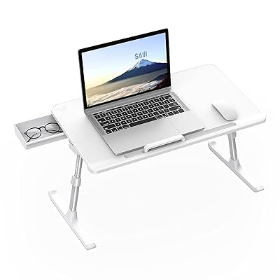 ラップデスク ノートパソコンスタンド 折りたたみテーブル ローテーブル 膝上テーブル 高さ・角度調整 引き出し付き 耐荷重40kg PVC表層 軽量 省スペース 勉強机 傾斜台 読書 テレワーク 一人食 K7-M (ホワイト,60*32cm)