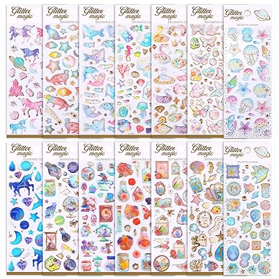 キラキラシール 女の子 14シート ごほうびシール 手帳ステッカー ぷくぷく シール キラキラ ハート 立体 デコ ステッカー ごほうび スケジュール帳 海洋生物と蝶花