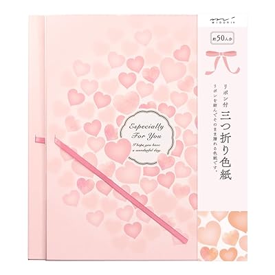 ミドリ 色紙 カラー色紙 三つ折り リボン ハート柄 33224006