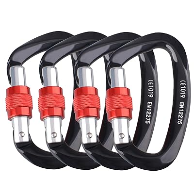 ロックカラビナ Dリング 登山釦 アルミカラビナ 耐荷重25KN 高強度 アウトドア ハンモック キャンプ用 クライミング バックパックフック 脱落防止 (ブラック - 4個入り)