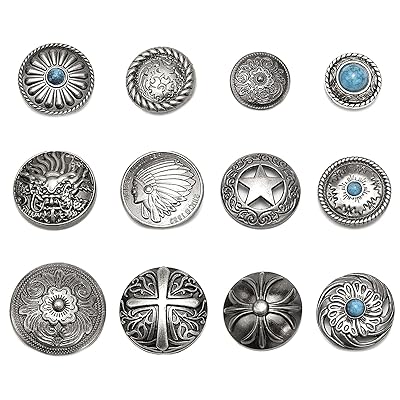 12個セット コンチョ ボタン 20mm～32mm ねじ式 インディアン 十字架 ターコイズ 唐草 龍 五芒星 クラフト レザークラフト バッグ 財布 手芸 DIY 裁縫 飾りボタン 交換 取付簡単