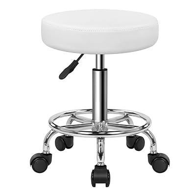 丸キャスター昇降スツール PUレザー フットレスト付き 回転椅子 高さ調節可能 バーカウンター作業製図椅子 オフィスチェア ホワイト S サイズ (白）