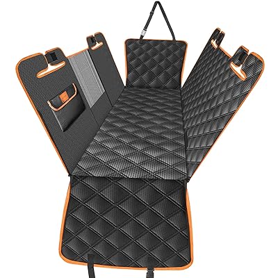 新型 ドライブシート ペット用 汎用 毛が付きにくい 車用シートカバー 後部座席 可視メッシュ窓 飛び出し防止リード付き 汚れ防止 防水 耐摩 滑り止め マジックテープで固定 折り畳み式 六角形柄 ブラック