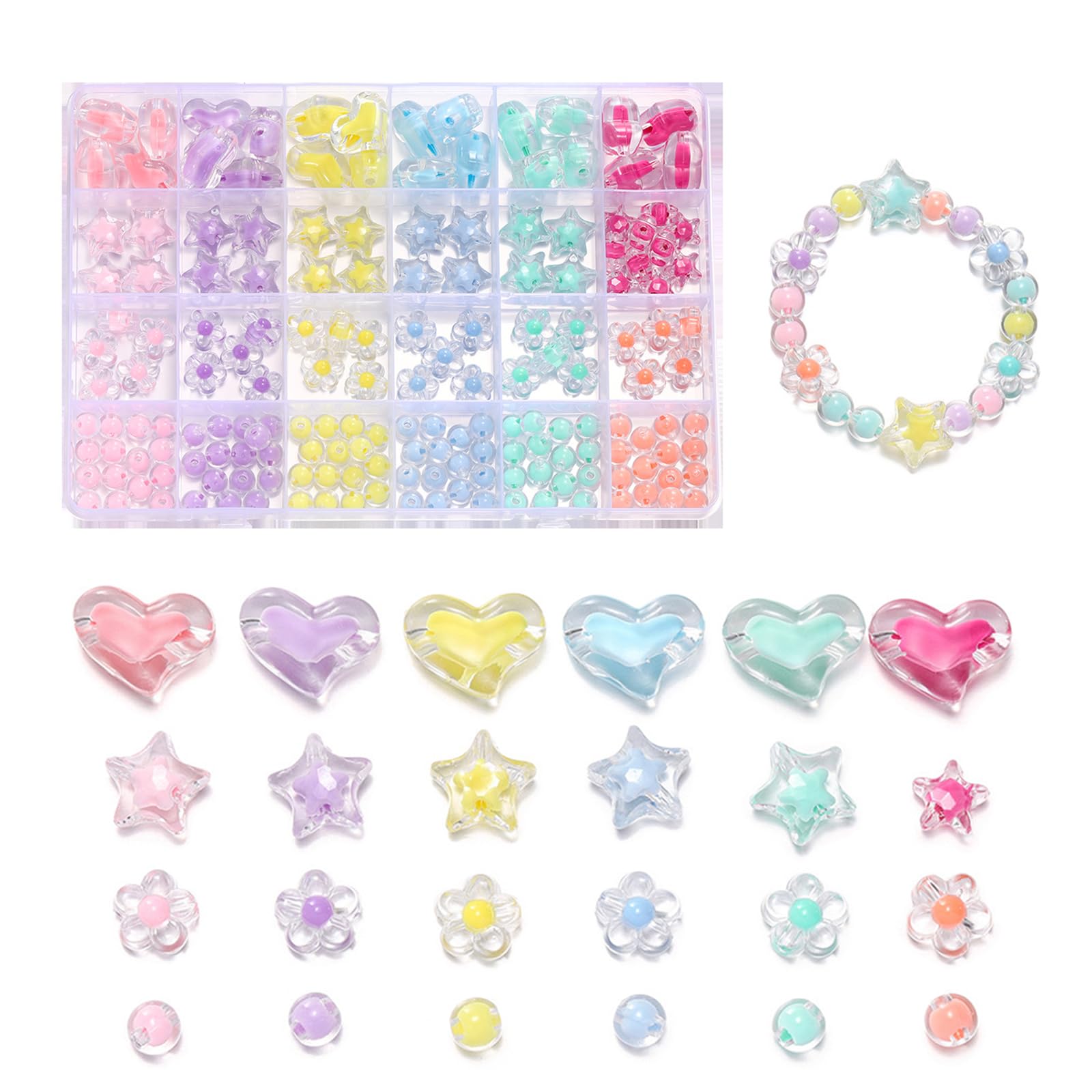商品詳細 商品仕様 カラー： マルチカラー サイズ： 画像に参考 重量： 約200g 素材： アクリル 梱包内容： 24種類入り お勧めポイント 【製品仕様】24種類の淡い色のビーズセット、4種類の形、合計174個。 フラワー(30個) ハート(24個) スター(30個) ラウンド(90個)。収納に便利な収納ボックス付き。 【知育玩具】このビーズセットは、子どもたちが遊びながら、手先の器用さ、色合わせ、想像力、創造力を養うのに役立ちます。親も子も楽しめるし、親子のコミュニケーションにも役立つ。 【幅広く適用】ネックレス、ブレスレット、バッグアクセサリー、ペンダント、ヘアゴムなどの装飾品作りに適しています。DIYが好きな人にぴったり。友達や女の子の子供にプレゼントすることもできる。 【ビーズインビーズデザイン】ビーズインビーズデザインで、外層は透明で、内層はカラフルで、よりユニークです。このビーズはリアルで、光沢があり、磨かれていて、細部まで作りこまれています。 ご注意 　　※クロネコ投函や日本郵便の場合は配達日時の指定不可です。 　　※北海道・沖縄・離島への配送は商品によって異なる別途送料がかかります。 ※商品写真は実物に近い色に調整していますが、実際の色味と異なる場合がございます。 ※掲載商品の仕様、デザイン、価格、梱包等は予告なく変更する場合や取扱いを中止する場合もございますのでご了承ください。この理由でお客様都合での返品等はご対応致しかねますので何卒、ご理解、ご了承くださいますようお願い申し上げます。 ※注文が殺到した場合、6日から10日かかる場合がございます。 商品の使用中に万が一不具合のようでしたら、弊店の問い合わせフォームにお気軽にご連絡ください。