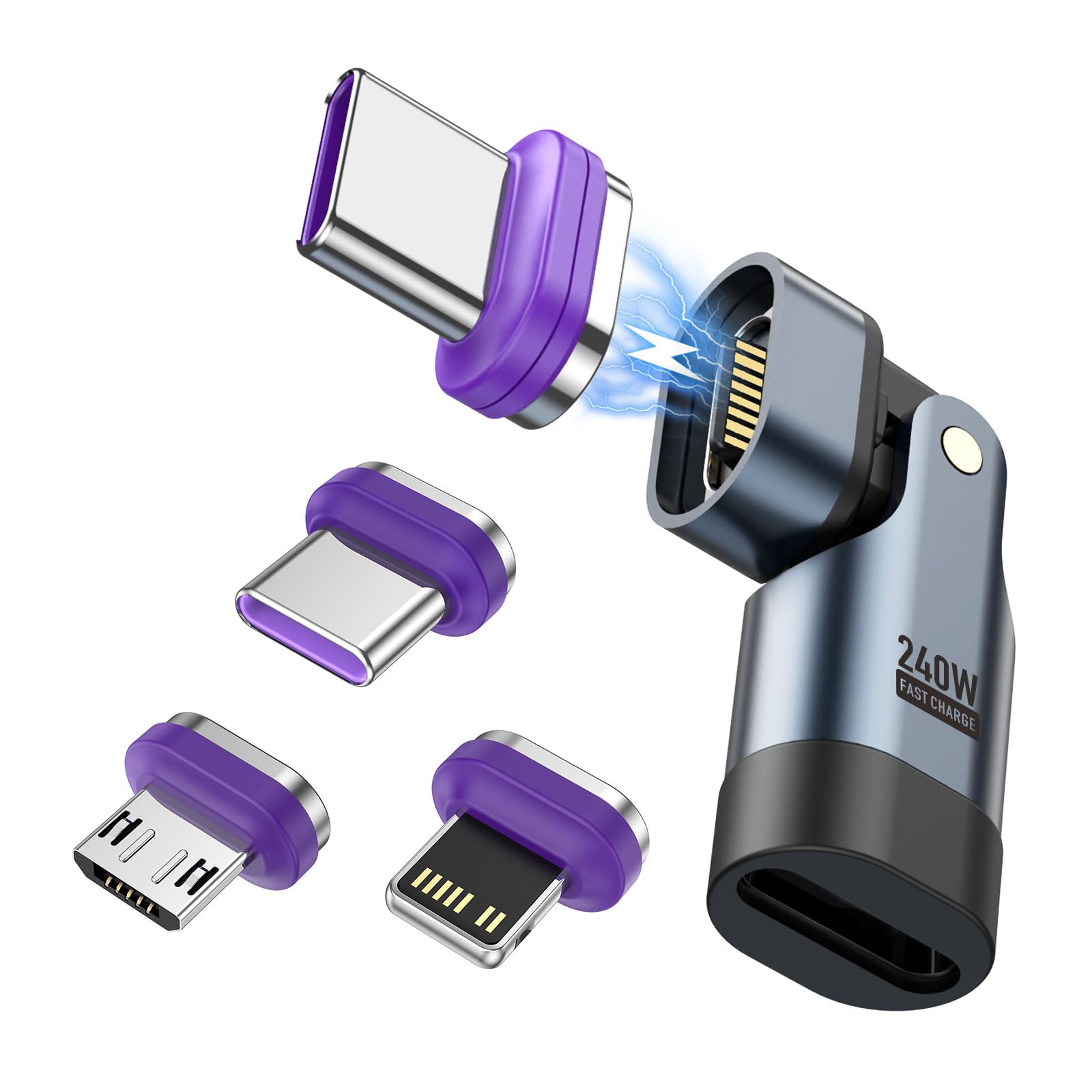 【240W対応】マグネット USB-C 変換アダプタ 16Pin L字型 180°回転 Type-C 変換アダプタ タイプC マグネット 5A急速充電 データ転送可 片手操作 MacBook Pro/Air/phone/Pad Pro/Androidなど機種対応