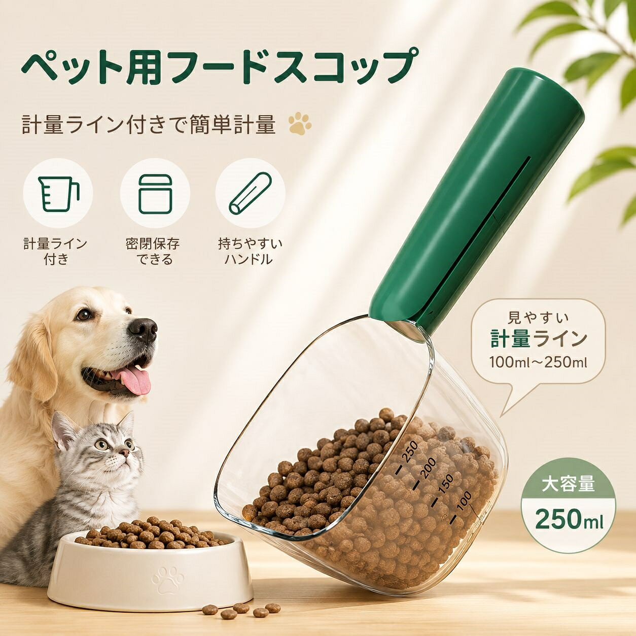 商品情報 ポイント ●【キャットフードを簡単に計量】このペットフードスプーンは1回のスクープで約100-130グラムのキャットフードを計量できます。これは成猫の1日の餌摂取量を簡単に確保でき、飼い主としての負担を軽減します。 ●【多目的デザイン】このペットフードスプーンはシーリングクリップが付いたハンドルを備えており、握りやすく、食品の新鮮さを保つのに役立ちます。さらに、缶詰スプーンとしても使用でき、缶から食材を取り出す際に非常に便利です。 ●【高品質な食品グレード素材】我々の製品は環境にやさしいABS素材を使用し、厳格な品質基準を満たしています。ペットの健康を考慮し、耐久性があり、安全性に優れた製品を提供しています。 ●【簡単なお手入れ】ペットフードスプーンのお手入れは非常に簡単です。高品質のABS素材は、洗浄が簡単で、安全で耐久性があり、常にスプーンを清潔に保つことができます。 カラー ダークグリーン 材料 ABS素材 商品の寸法 画像にご参考※実寸は商品によって若干の誤差(1cm～2cm)がある場合がございますので、予めご了承ください。 商品の重量 約80g パッケージに含まれる物 ペットフードスプーン＊1 ご注意 ※掲載商品の仕様、デザイン、価格等は予告なく変更する場合や取扱いを中止する場合もございますのでご了承ください。この理由でお客様都合での返品等はご対応致しかねますので何卒、ご理解、ご了承くださいますようお願い申し上げます。 ※ご利用端末環境によって、商品画像と実物では色合いが異なって見える場合がございます。生産ロット毎に多少のお色味の差が生じる差がございます。 ※ネコポスをご利用の場合のご注意 ネコポスは手渡しではなく、ポストへ直接投函となります。その為、代金引換や日時指定は出来ません。追跡サービス有り。 備考 注文が殺到した場合、5日から10日かかる場合がございます。到着した商品に万が一不備等がありご満足いただけない場合はレビューご記載前に 是非ご遠慮なくお問い合わせください。 　　　　　　　　　　　　　　