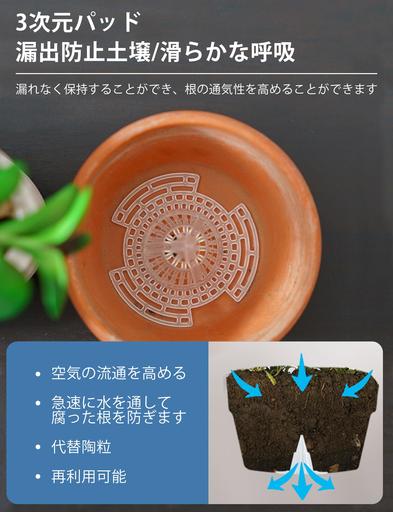 大輝王の＼在庫一掃／【30枚入り】ガーデンタワー 鉢底ネット 鉢底アミ 立体鉢底網 植木鉢グリッド 通気性 防虫 漏れ防止 腐食防止 園芸 多肉植物 観葉植物 家庭盆栽 農業用 円錐 排水網 Mサイズ 送料無料｜アングル3