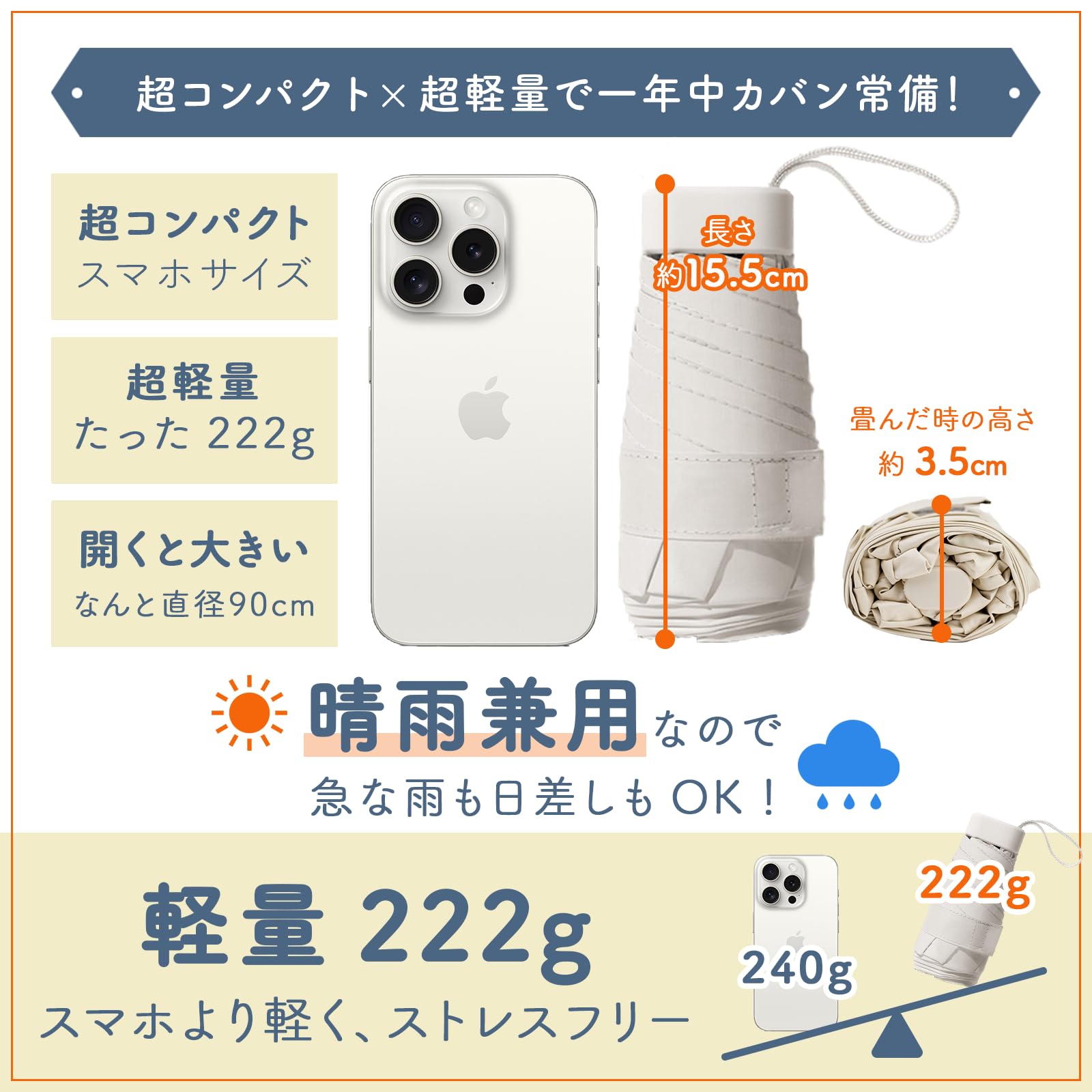 大輝王の＼在庫一掃セール／【即納】折りたたみ傘 超軽量 日傘 完全遮光 222g 収納ケース付き 折りたたみ 6本骨 UVカット 紫外線遮断 遮光 遮熱 晴雨兼用 UPF50+ 日焼け防止 熱中症対策 コンパクト 携帯便利 レディース メンズ プレゼント 送料無料「郵便」｜アングル3