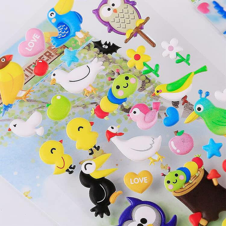 4枚セット ぷくぷくシール 3D 立体シール ぷっくりシール 可愛い ご褒美シール 男の子 女の子 泡ステッカー シール交換 おはじきシール シール帳 送料無料 小鳥 インコ フクロウ 蝶 鳥類 昆虫モチーフ 動物 アニマル デコ プレゼント 3