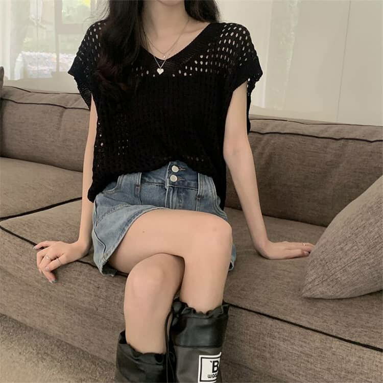 サマーニット 半袖 レディース 透かし編み ベスト メッシュニット トップス Vネック UVカット ニットベスト カットソー フレンチスリーブ 半袖 ゆったり 無地 シンプル 薄手 セーター 体型カバー 重ね着 透け感 冷房対策 通勤 デート 春 夏 秋 送料無料 2