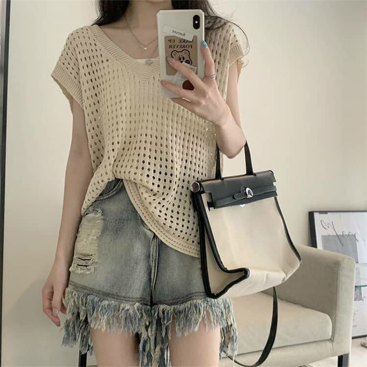 サマーニット 半袖 レディース 透かし編み ベスト メッシュニット トップス Vネック UVカット ニットベスト カットソー フレンチスリーブ 半袖 ゆったり 無地 シンプル 薄手 セーター 体型カバー 重ね着 透け感 冷房対策 通勤 デート 春 夏 秋 送料無料 3