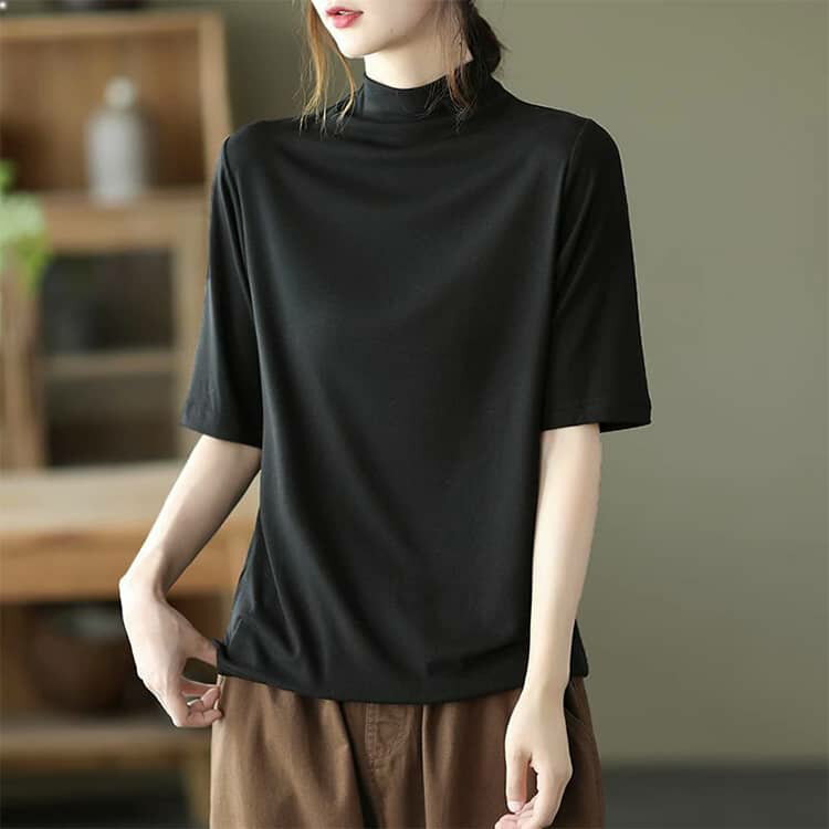 ハイネックTシャツ 半袖 レディース ゆる トップス 夏服 tシャツ 半袖Tシャツ プルオーバー uv対策 uvカット カットソー タートルネック 首元隠し ゆったり 体型カバー 無地 おしゃれ 紫外線対策 日焼け対策 春 夏 二の腕カバー 大きいサイズ 送料無料 2