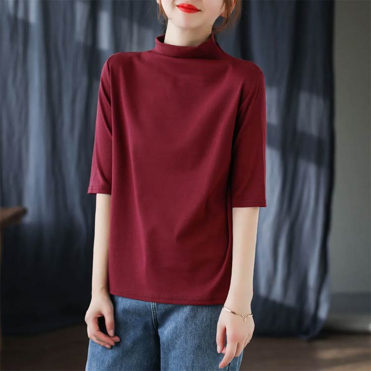 ハイネック Tシャツ レディース コットンtシャツ 五分袖 モックネック トップス ハイネックtシャツ 無地Tシャツ かわいい カジュアル 通勤 通学 白 黒 20代 30代 40代 50代 無地 シンプル おしゃれ 春夏 S M L XL 2XL 3XL 4XL 5XL 送料無料