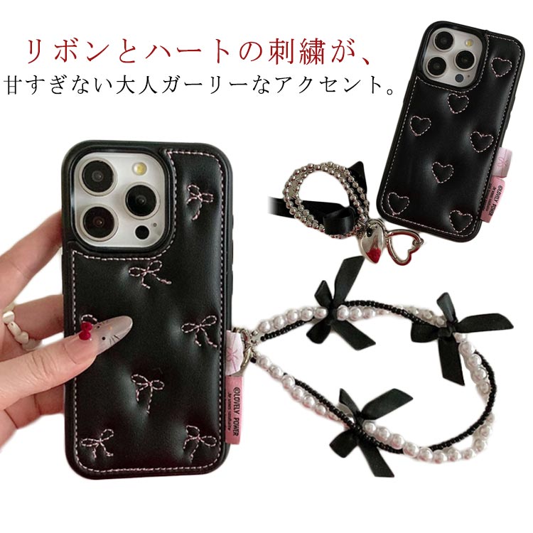 乐天商城 - iPhone16 ケース iPhone15 ケース iPhone14 ケース iPhone13 ケース レザー 韓国 かわいい ハート リボン iPhoneケース おしゃれ 大人かわいい 可愛い 大人 女子 ブラック 黒 刺繍 ピンク スマホケース 送料無料