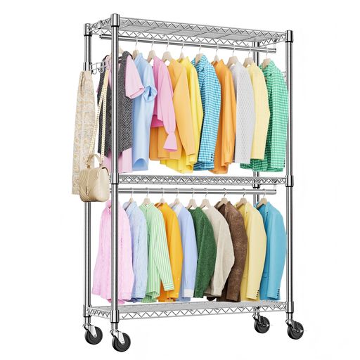 IZEUKハンガーラックキャスター付き棚付き3段押入れハンガーパイプ付きガーメント工具付属突っ張りポールハンガーダブル収納高耐荷重耐久性頑丈ワイヤー衣類ラック金属製自立式防錆ク…