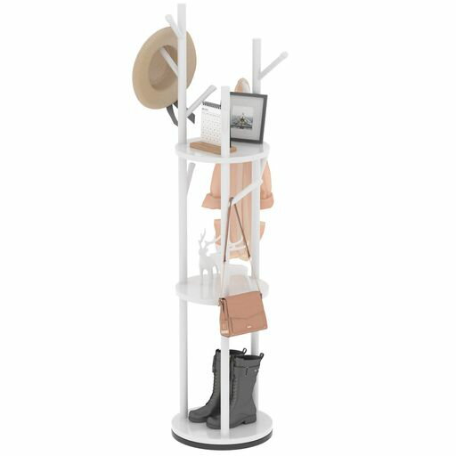 ポールハンガーコートハンガー3段棚付き360°回転可能ハンガーラック9つのフック組立て簡単引越し挨拶用ギフトスリムおしゃれ省スペース玄関リビング用木製固体安定服...