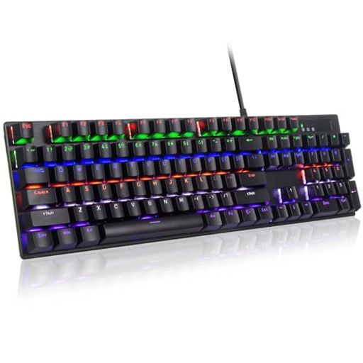 HUO JI ゲーミングキーボード 有線 赤軸 フルサイズ テンキー付き メカニカルキーボード US配列 静音 レインボーLEDバックライト 高速応答 高耐久性 ゲーム・オフィス用 Windows/Mac/PS5対応 (ブ…