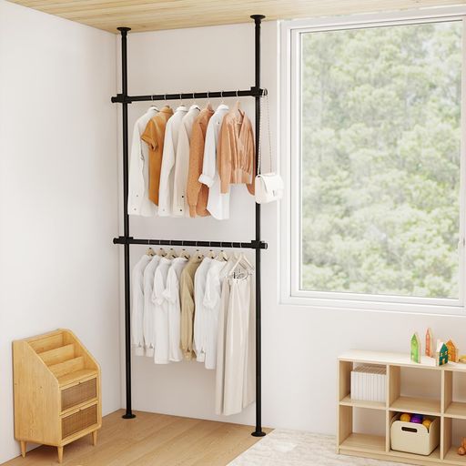 HIDODO突っ張りハンガーラックダブルパイプハンガーラック洋服大容量伸縮式幅82-123cm高さ50-310cm耐荷重60kg衣類収納工具不要省スペース(ブラック)