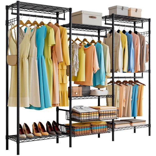 ハンガーラック頑丈ワードローブ大容量棚板高さ調節衣類ラック洋服ラック洋服掛けバスケット付きたっぷり収納収納ラックハンガーポール幅219x奥行40x高さ195cm