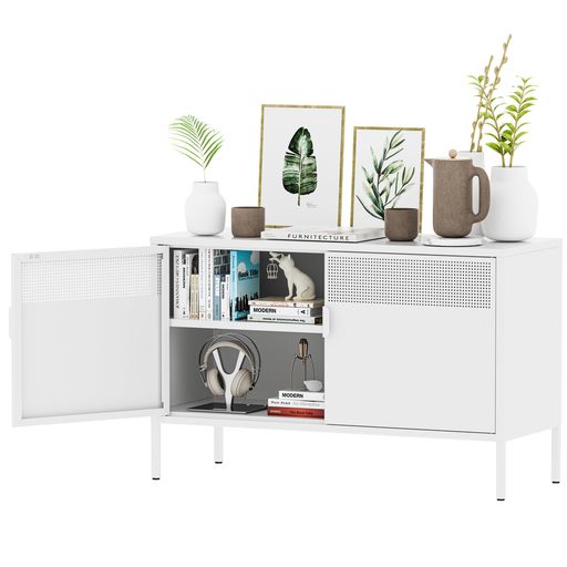 科飛亜キャビネット鋼製サイドボード扉付きリビング収納棚観音開き調節可能な棚付き通気孔付きおしゃれリビングルーム、ダイニングルーム、寝室に適用組立品高64cm(ホワイト)