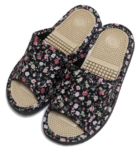 健康サンダルレディース足つぼ&土踏まず刺激竹踏み付きダイエット室内屋外おしゃれ花柄ブラックM