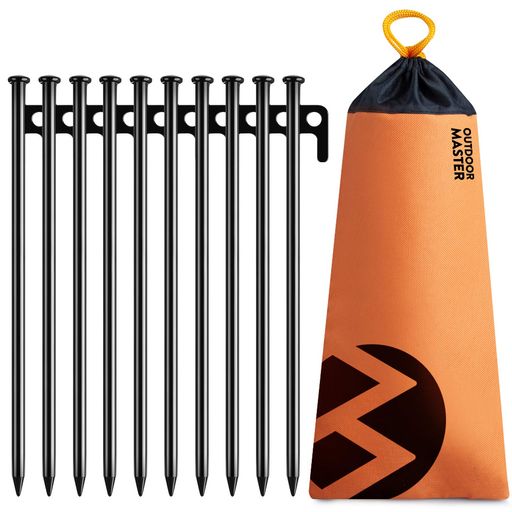 OUTDOORMASTERテントペグ 30cm 10本セット 高炭素鋼製 防水収納袋付き 防錆 カチオン電着塗装 タープペグ 鍛造ペグ 硬い土 砂地 草地 アウトドア テント 登山 キャンプ 多機能 設営用具